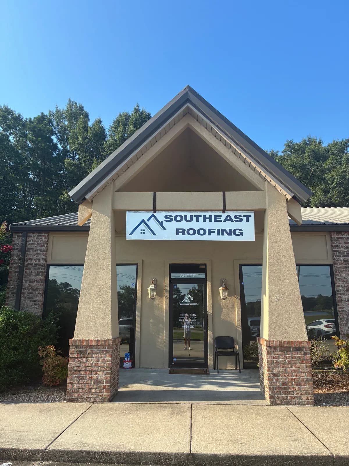 Southeast Roofing's office storefront at 6668 US-98, Suite F in Hattiesburg, Mississippi.