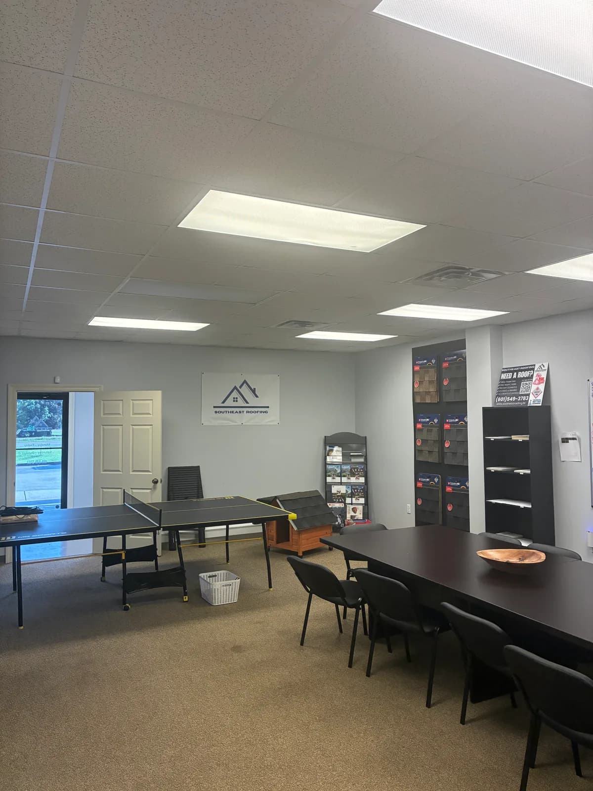 Shingle sample displays in Southeast Roofing's Hattiesburg showroom.