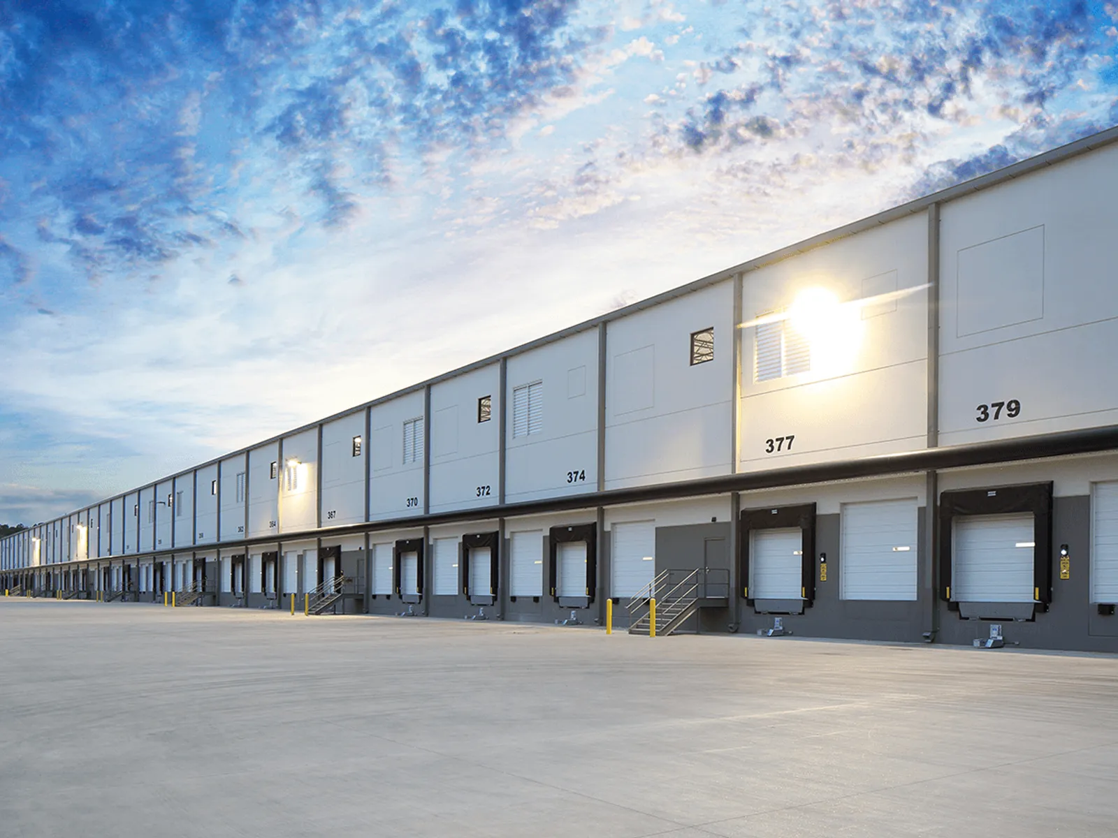 Distribution warehouse exterior with loading docks