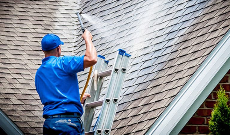 Technician on a ladder washing algae staining from an asphalt shingle roof