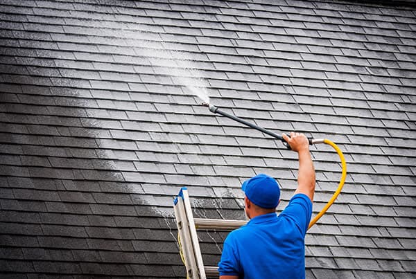 Technician rinsing algae staining from an asphalt shingle roof with a low-pressure spray