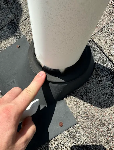 Dry-rotted pipe boot documented during a Southeast Roofing inspection in Hattiesburg, Mississippi.